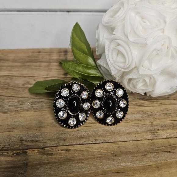 Vintage Gold/Black Enamel Rhinestone Clip on Earrings - Picture 2 of 4